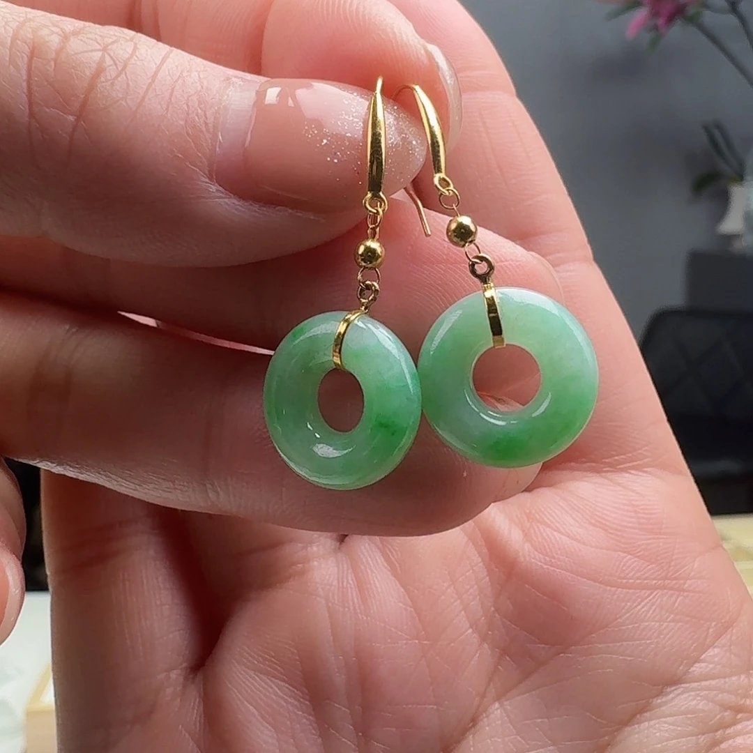 翡翠耳饰18K金镶嵌喵**＝天然