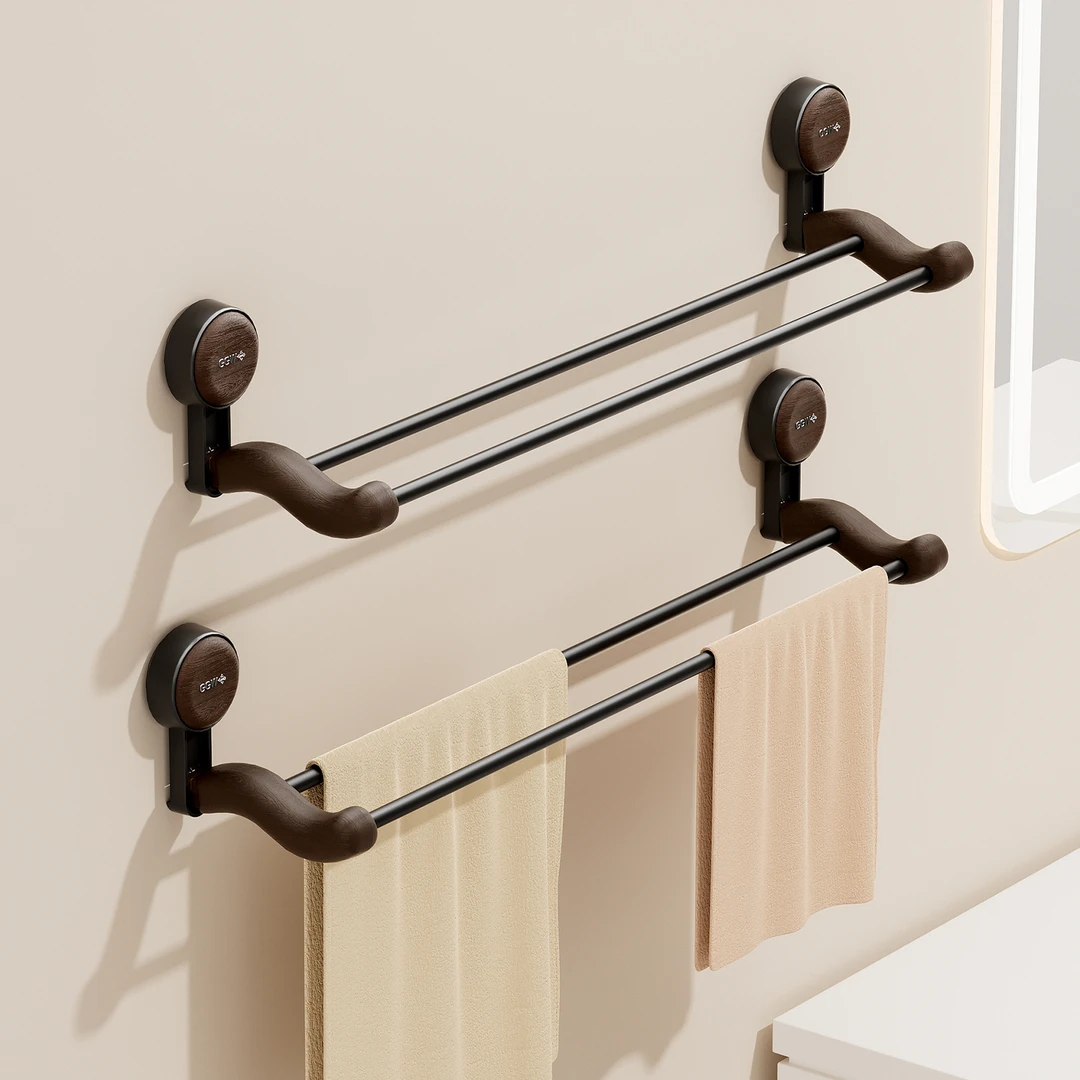 橱明星吸盘双层毛巾架免打孔浴室置物架卫生间中古风洗手间浴巾架