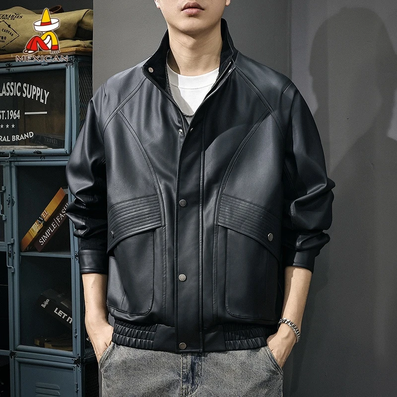 Mexican/稻草人美式复古PU皮衣外套男款春季宽松痞帅飞行员夹克潮