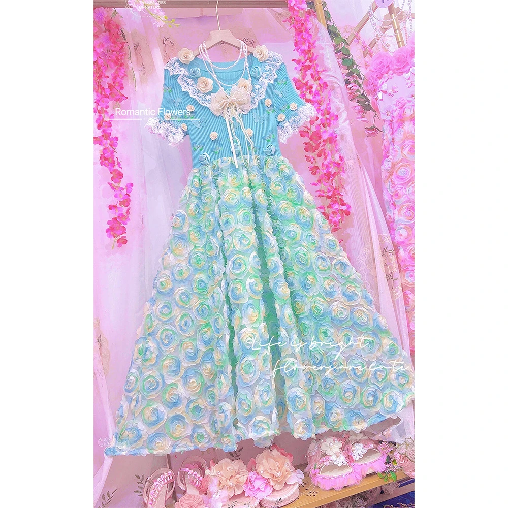 原创立体玫瑰花朵盘花蝴蝶繁花公主甜美裙子仙女度假大摆连衣裙女