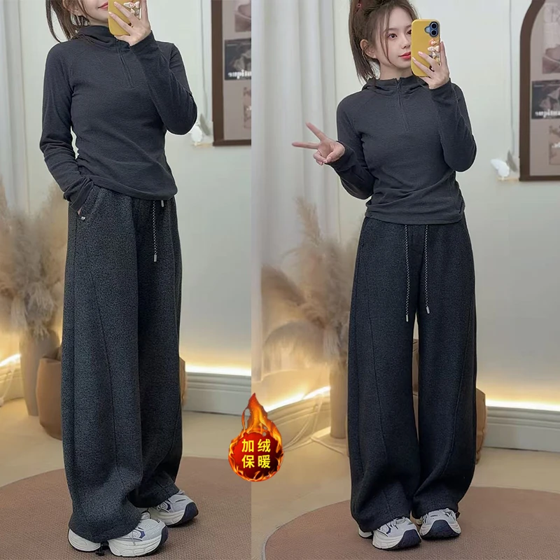 小个子加绒阔腿裤2025冬季新款加绒加厚宽松束脚弯刀休闲卫裤女