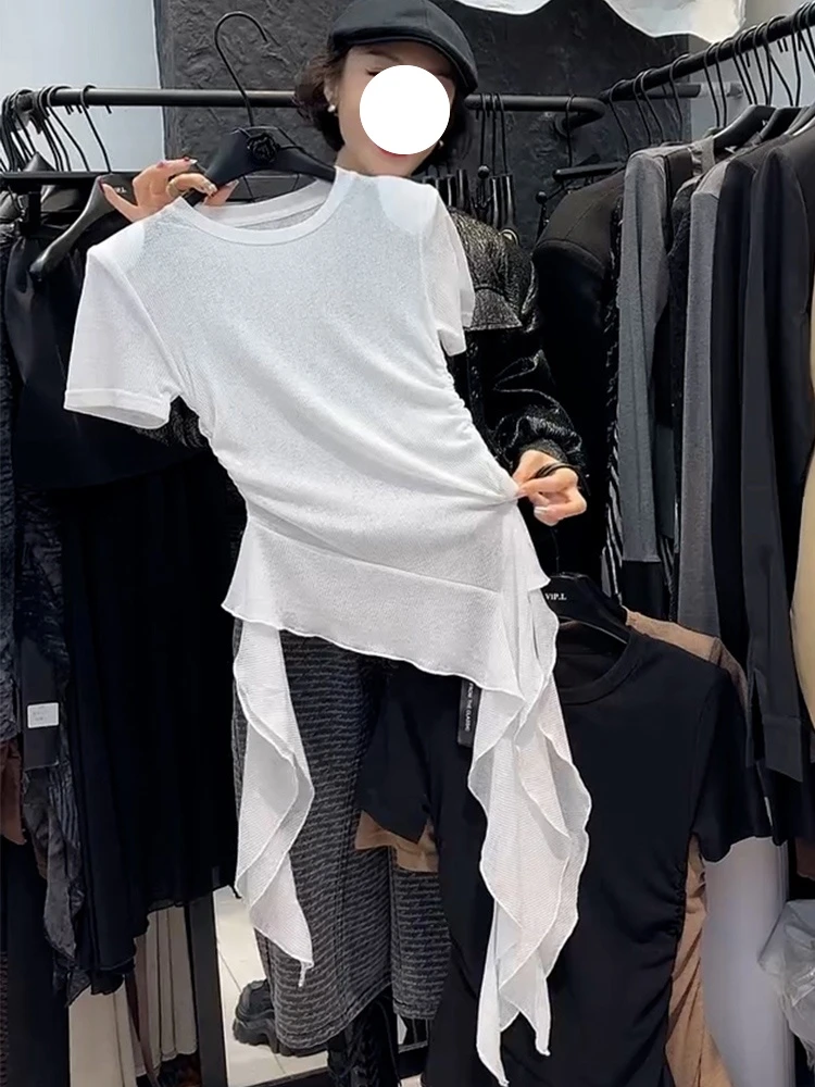 今年流行多巴胺掐腰显瘦上衣设计感小众白色圆领飘带短袖t恤女春