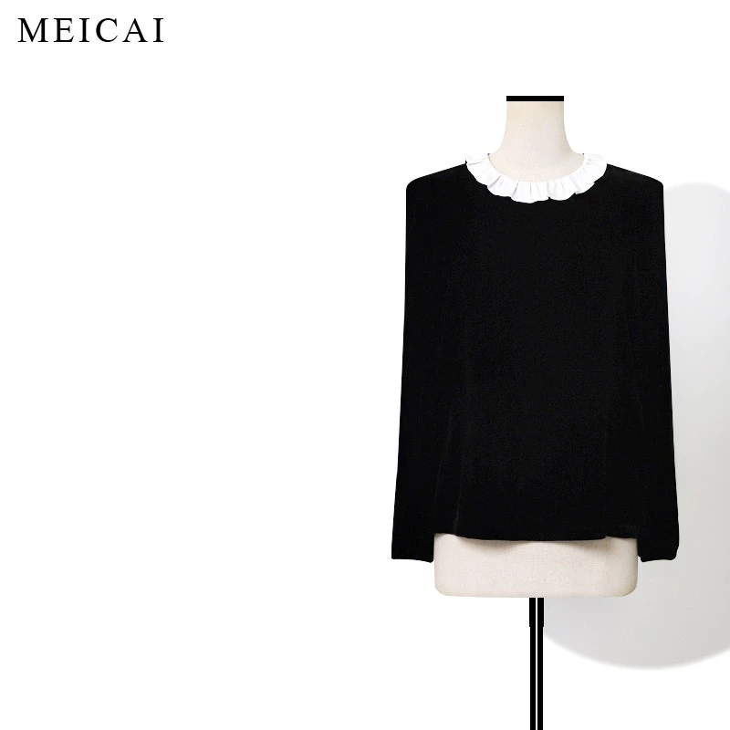 美裁 浪漫生姿 三醋酸荷叶边领拼黑色真丝丝绒上衣气质显瘦