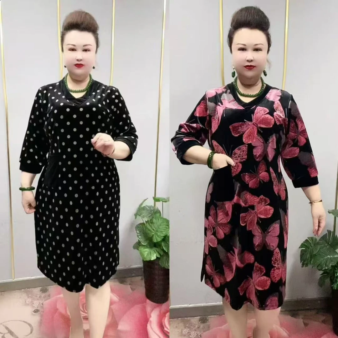 2509款时尚百搭丝绒V领大码连衣裙