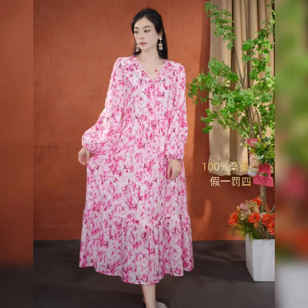 【多米拉】00225玫瑰情诗桑蚕丝宽松连衣裙大码印花修身时尚高贵