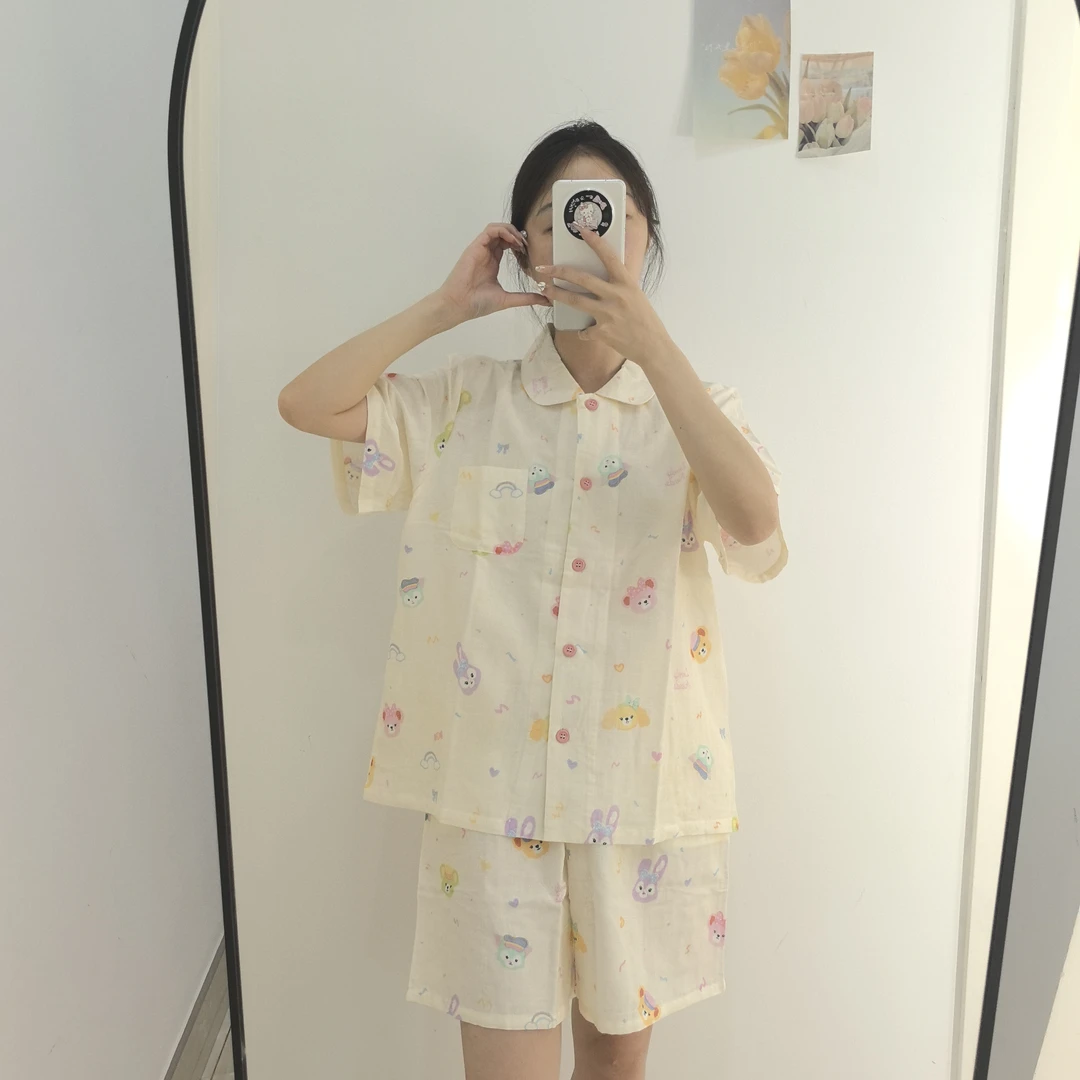 【精梳双层棉纱】翻领100%纯棉睡衣女夏季短袖短裤家居服套装可外穿