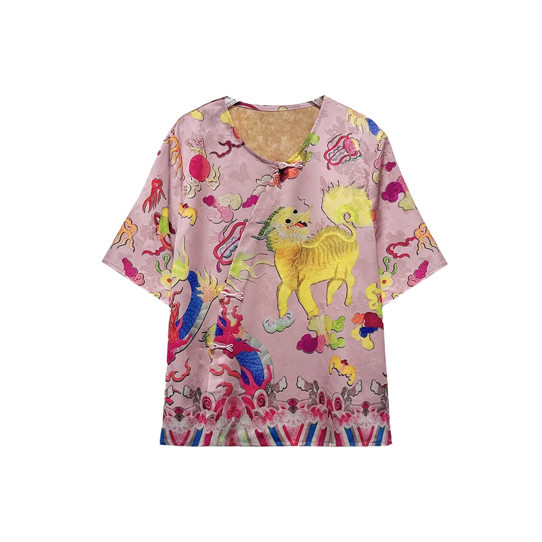 【麒麟送福】新中式国风短袖T恤斜襟盘扣提花短袖上衣12170