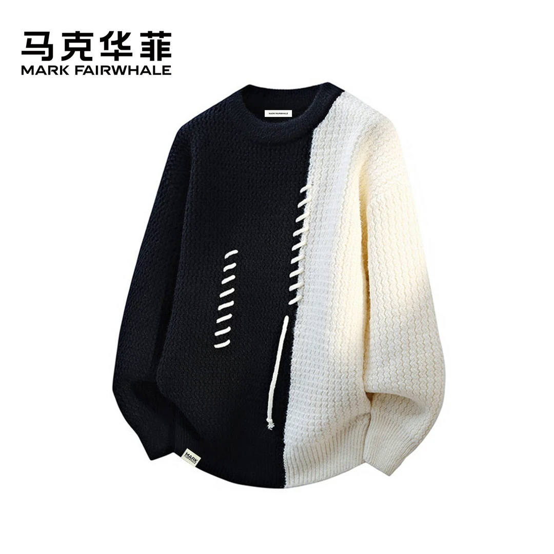 马克华菲冬季男士针织拼色保暖毛衣针织衫上衣宽松打底衫时尚休闲