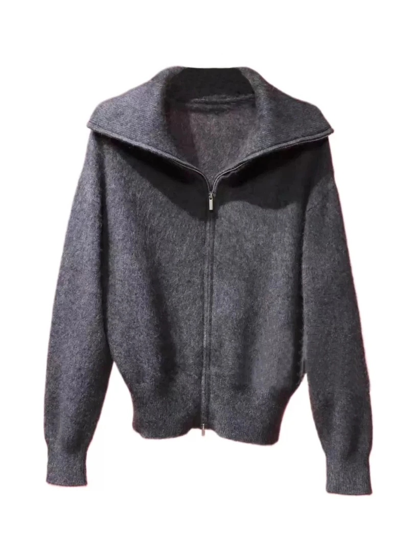 针织衫-艾家新款翻领拉链开衫毛针织衫毛衣N2465