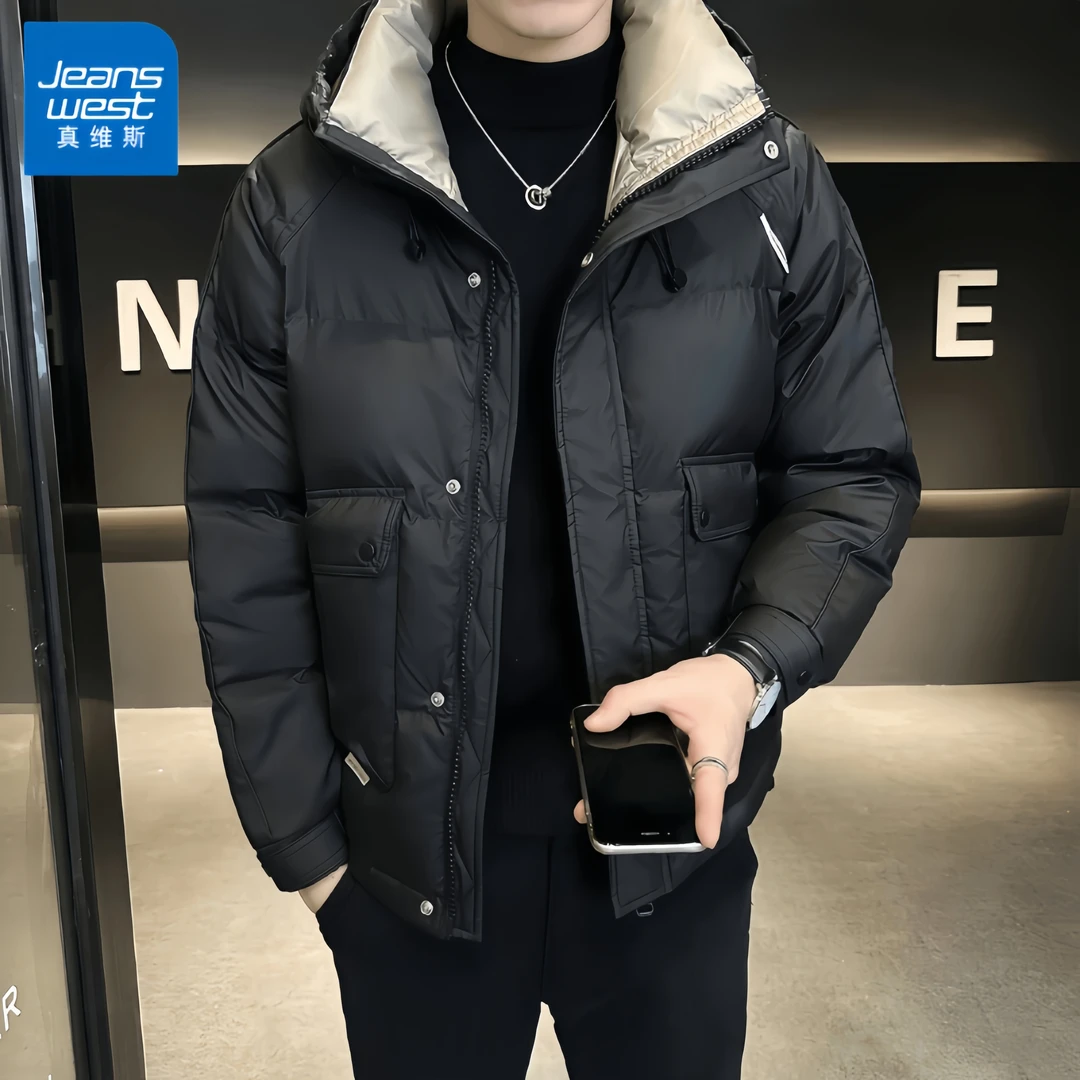 真维斯冬季休闲连帽羽绒服男韩版时尚百搭潮流拼接保暖白鸭绒外套