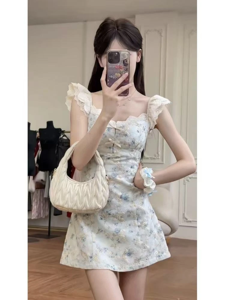 【601-700】纯欲法式夏季吊带拼接显瘦连衣裙碎花辣妹显瘦江南风