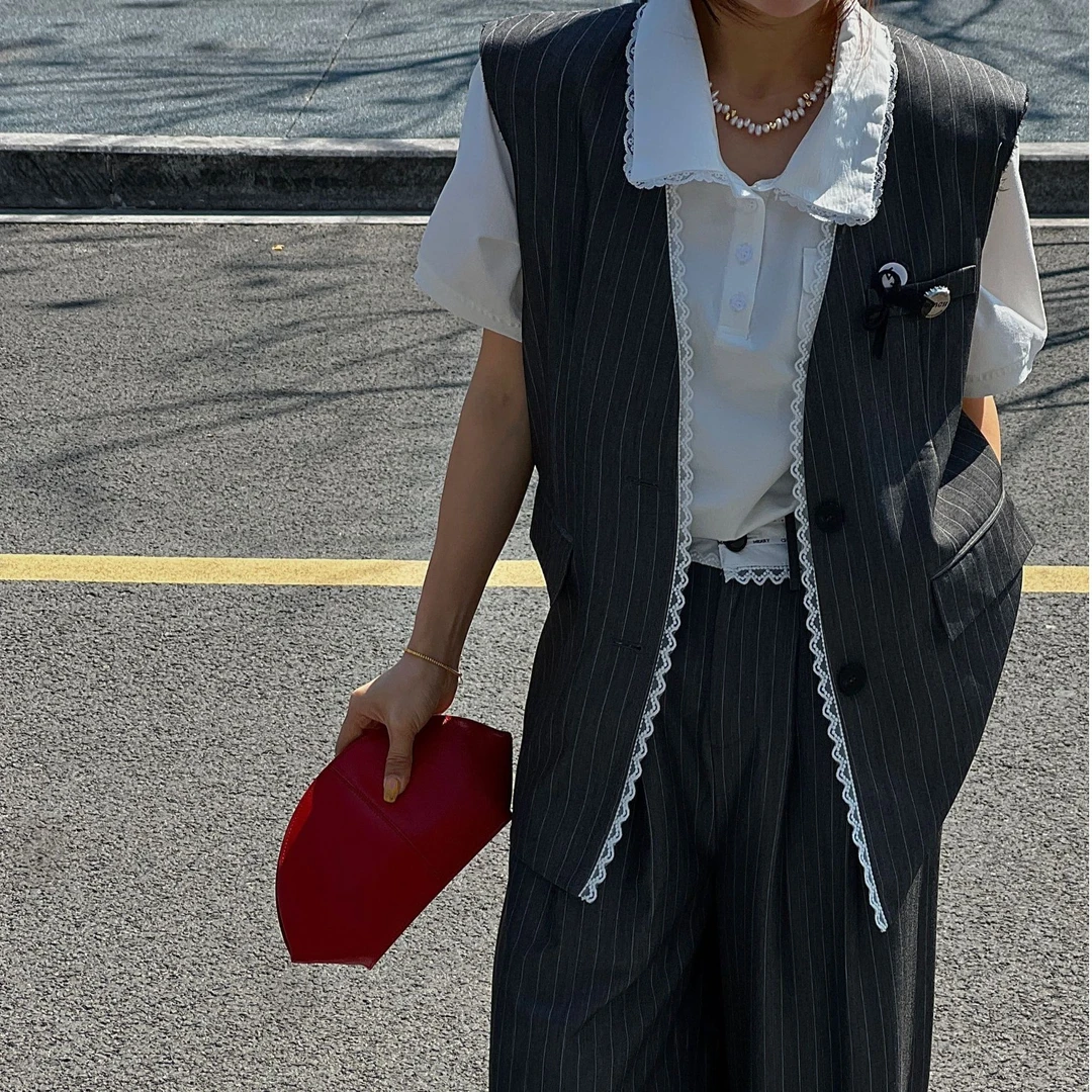 【no退no换 谨慎下单】小香风条纹马甲蕾丝边马夹 257006