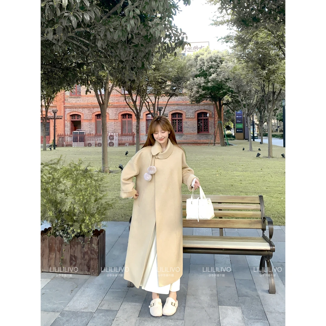 李李【舒芙蕾】中长款厚款女毛呢外套秋冬双面呢过膝宽松DRW022