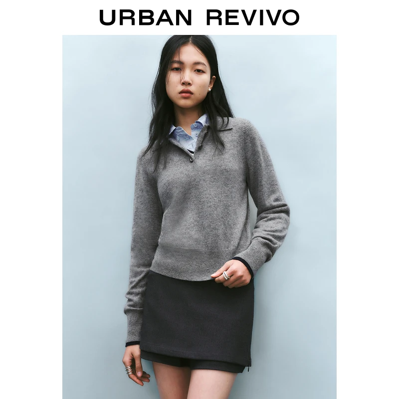 UR2025春季新款女装欧若风简约百搭Polo领长袖针织衫UWU950001