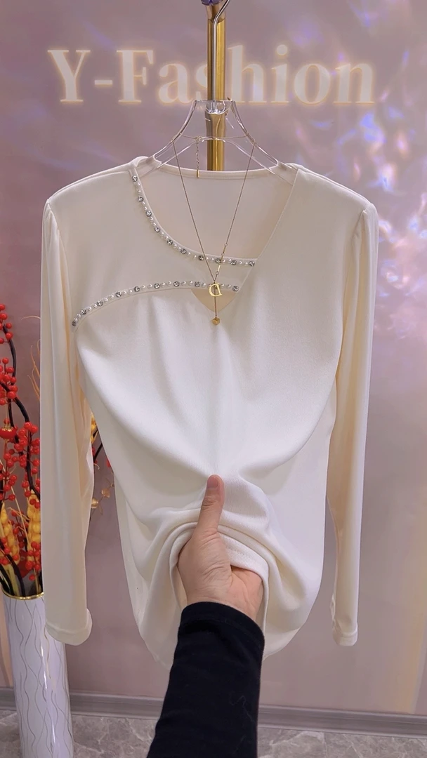 2025年新款2315双面磨毛不规则领口钉珠钉钻大码女士长袖打底