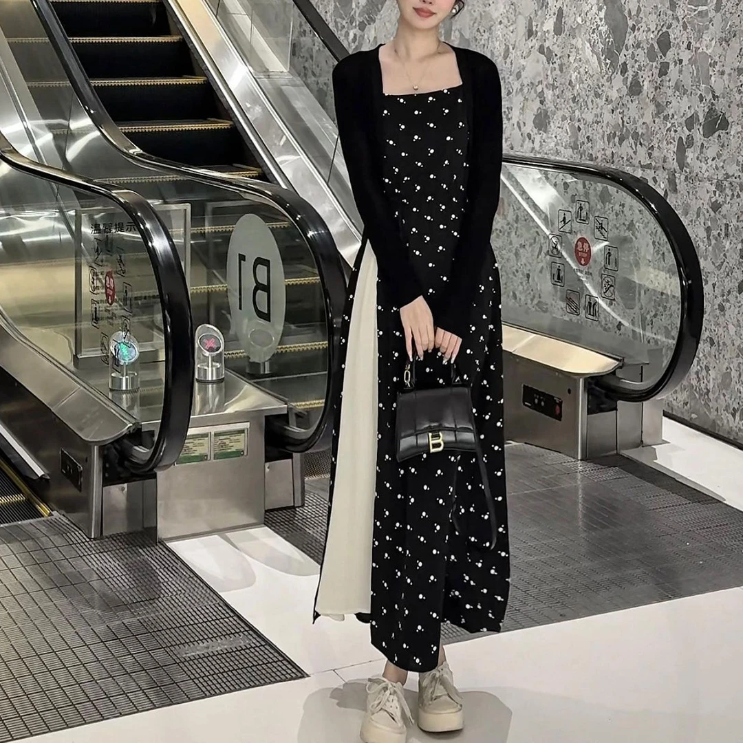 波点法式气质上衣显瘦高腰长裙两件套2025夏季新款百搭长袖套装裙