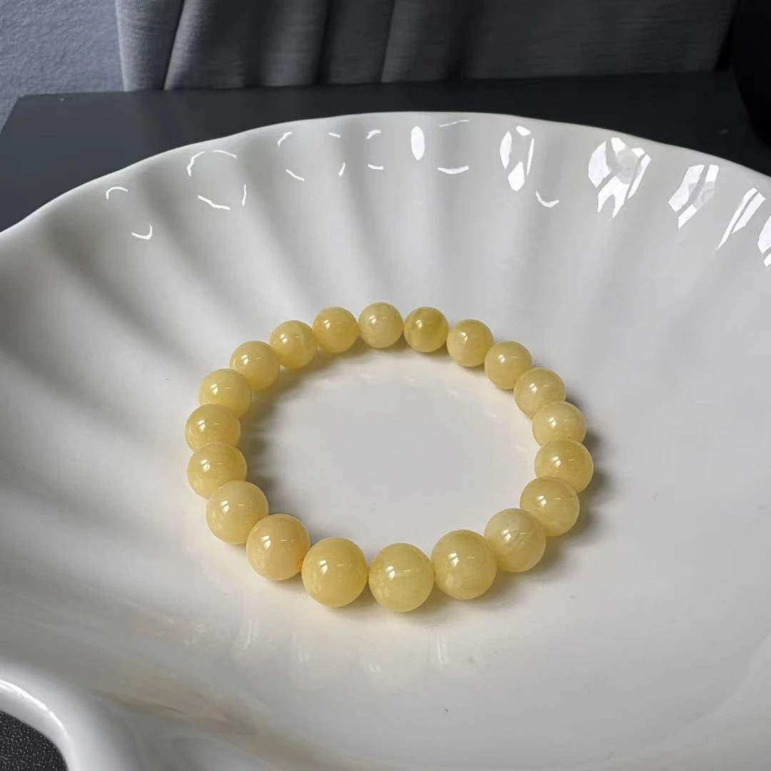 俄料鸡油黄白花蜜蜡圆珠单圈手串约10mm11克