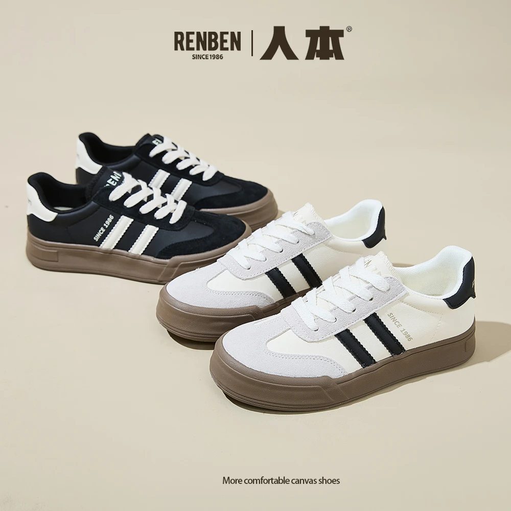 人本2025秋季新款小白鞋女透气韩版百搭板鞋子复古休闲小众德训鞋