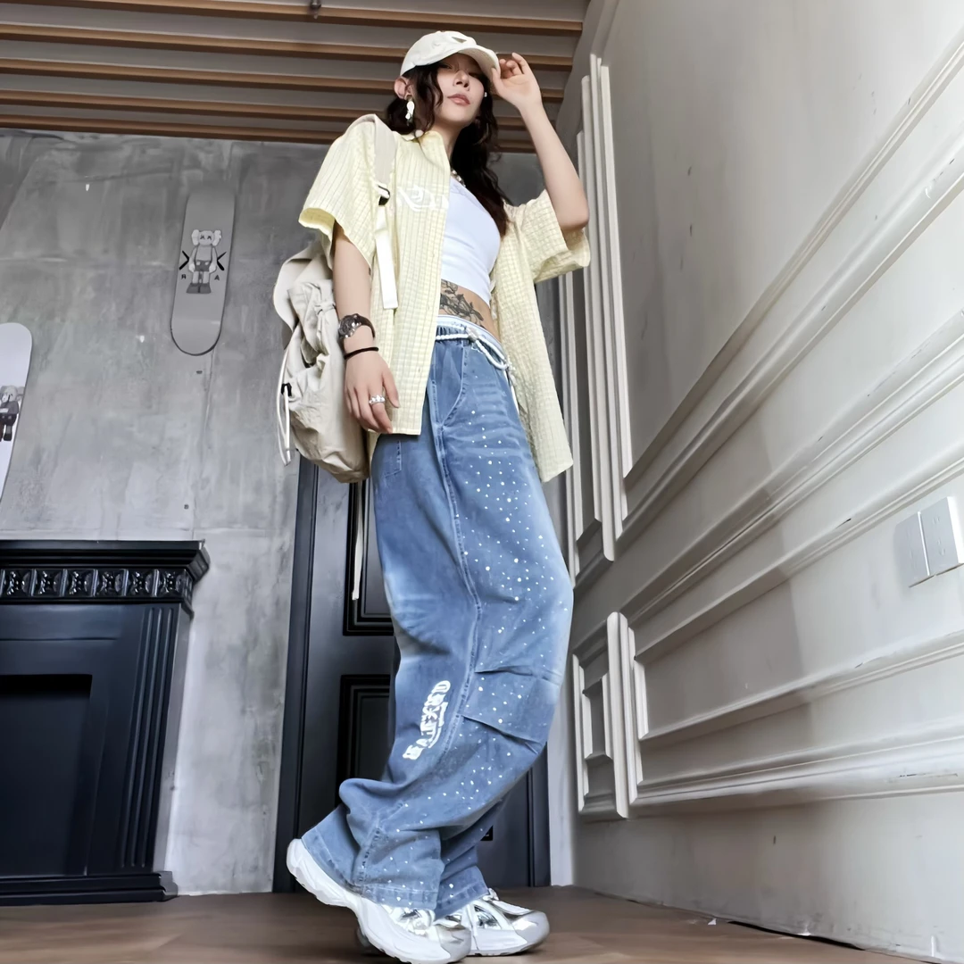 CBXLAB街舞潮牌烫钻伞兵牛仔长裤蓝色辣妹时尚夏季轻薄设计感长裤