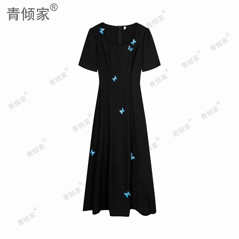 青倾家【蝴蝶少女】夏季法式方领复古重工蝴蝶气质显瘦连衣裙裙子