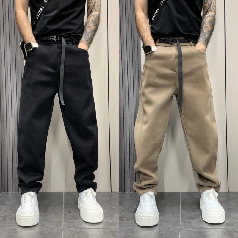2024年秋冬加厚腰带装饰潮流韩版痞帅休闲直筒痞帅男士卫裤子男生