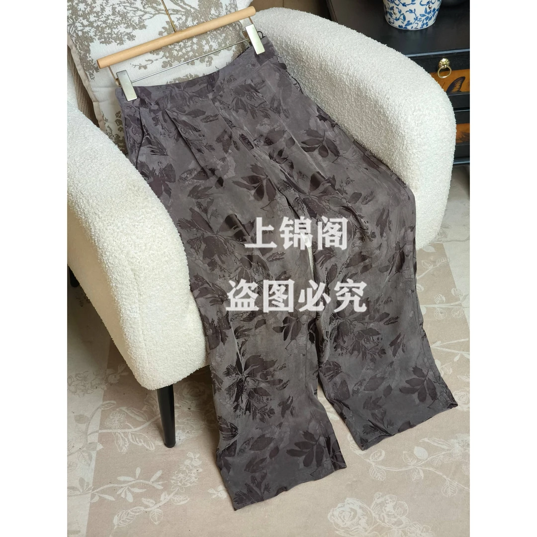 121挂霜半松紧阔腿裤碎花时尚休闲百搭夏季复古宽松灰色显瘦女裤