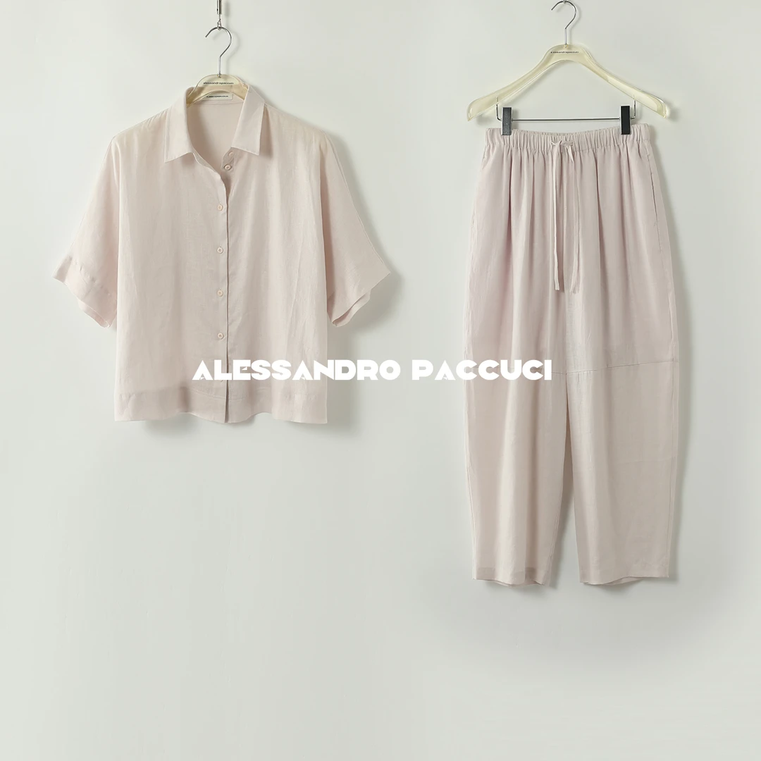 AP洛哥42055HC/42114KC亚麻纯色时尚休闲九分裤子/短袖翻领衬衫