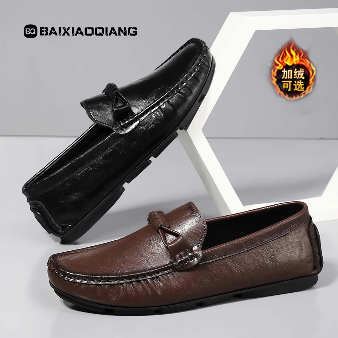 白小强秋冬新款男士真皮加棉豆豆鞋软底软面休闲皮鞋一脚蹬开车鞋