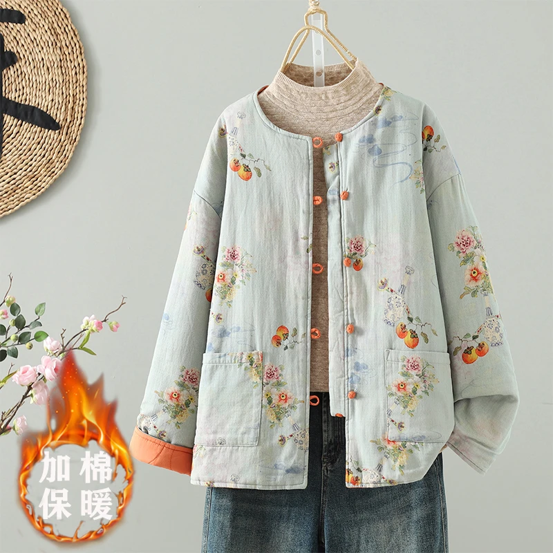 双面穿棉服外套女新中式宽松圆领复古盘扣国风2025冬新款短款保暖