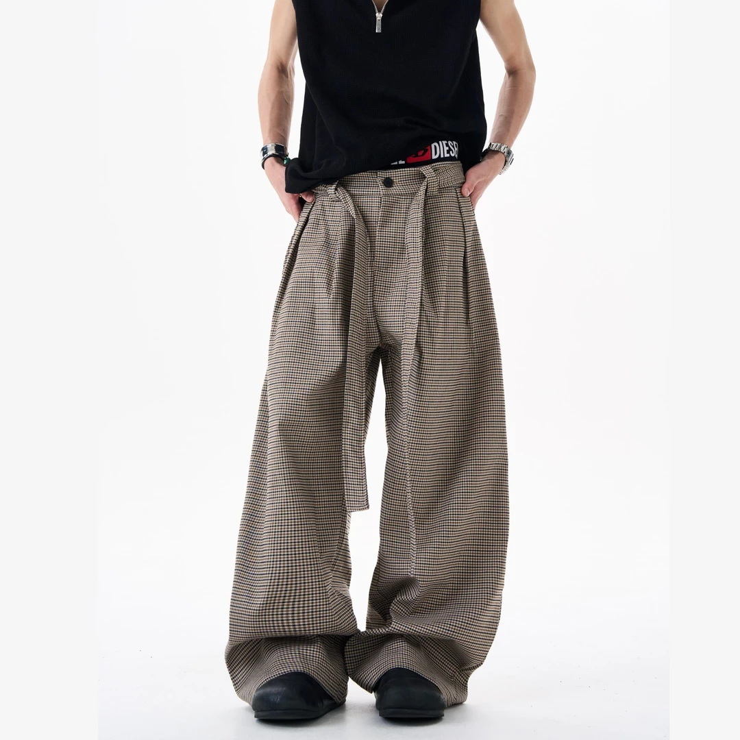 CleanlyGirl 老钱风打褶阔腿百搭身材立体加腰带千鸟格西裤长裤