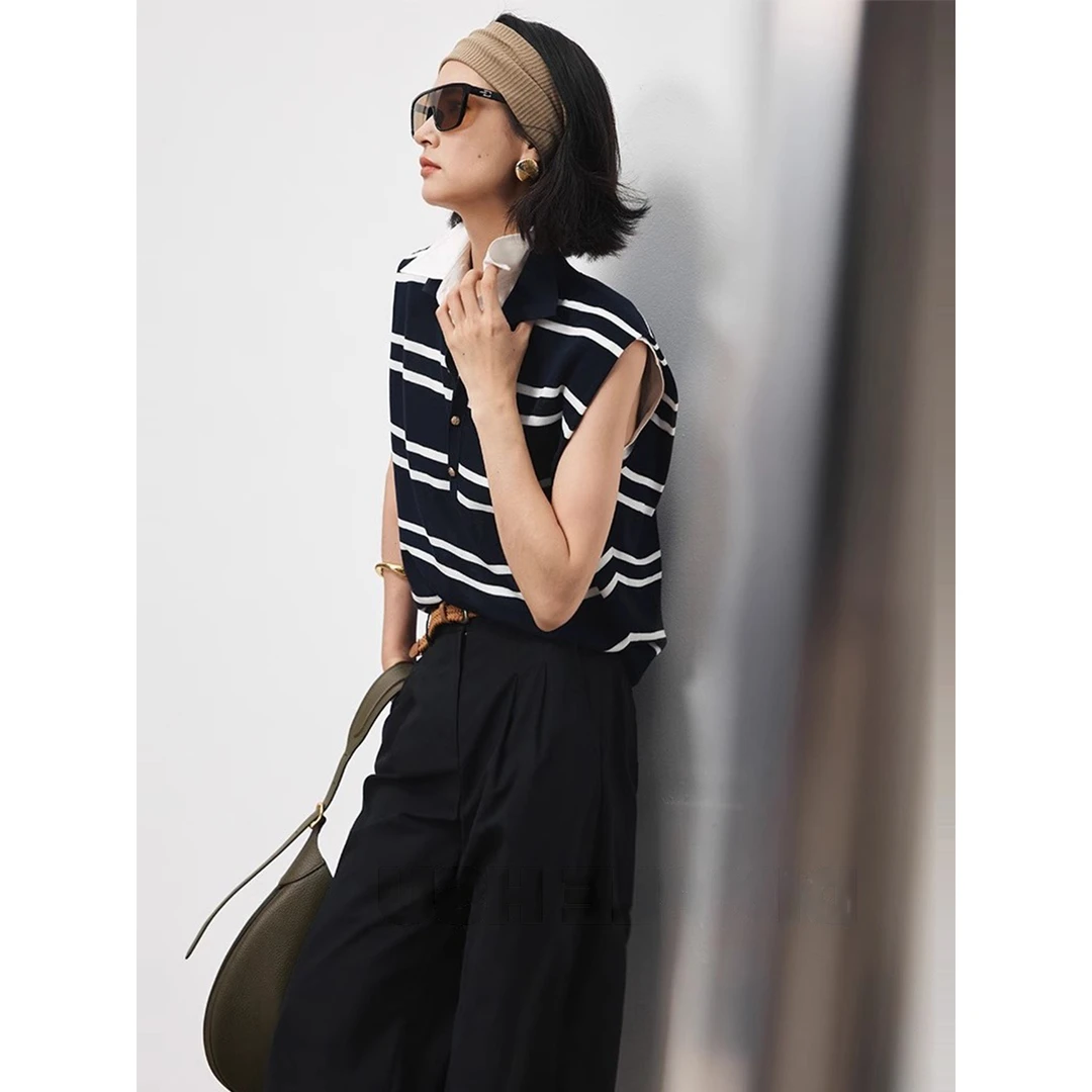 法式条纹撞色POLO领无袖针织背心女夏季外穿宽松百搭坎肩薄款上衣