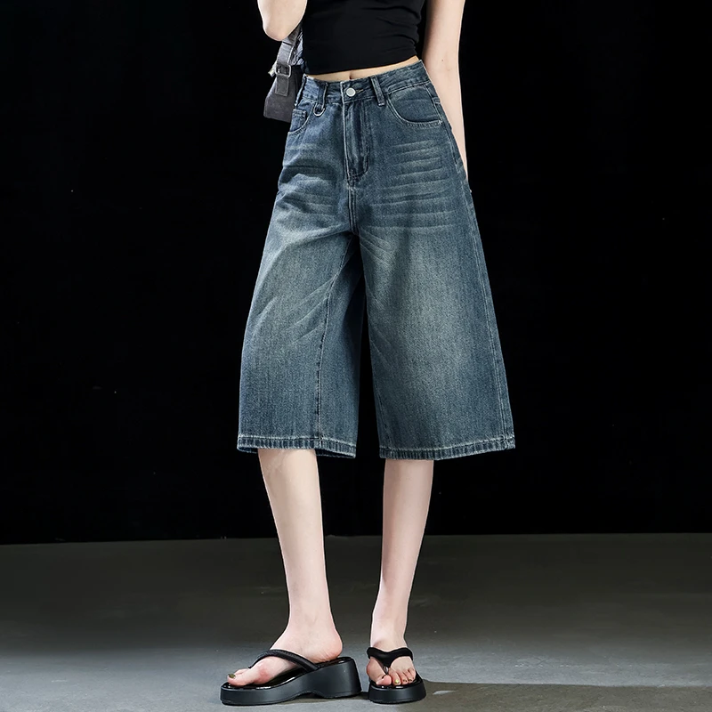 美式复古蓝休闲宽松梨形高街水洗七分牛仔裤女装2025新款阔腿中裤