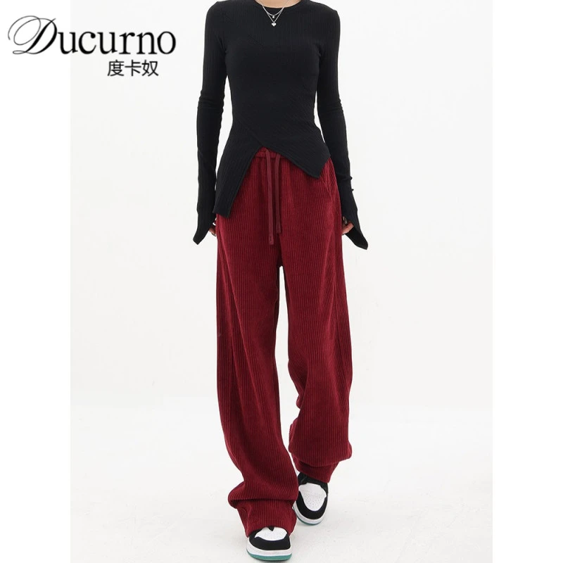 灯芯绒拖地阔腿休闲裤女2025年冬季新款宽松显瘦带抽绳运动裤裤子