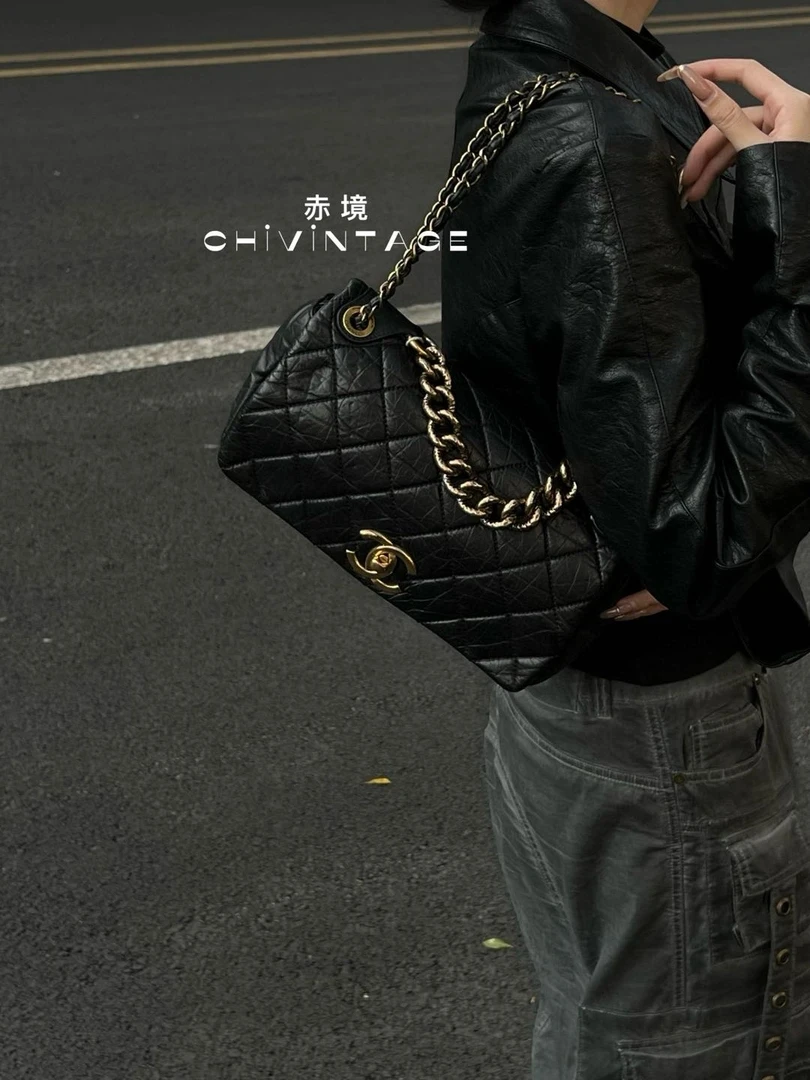 95新 Chanel/香奈儿 0008 黑金熔岩孟买中号翻盖手提包12