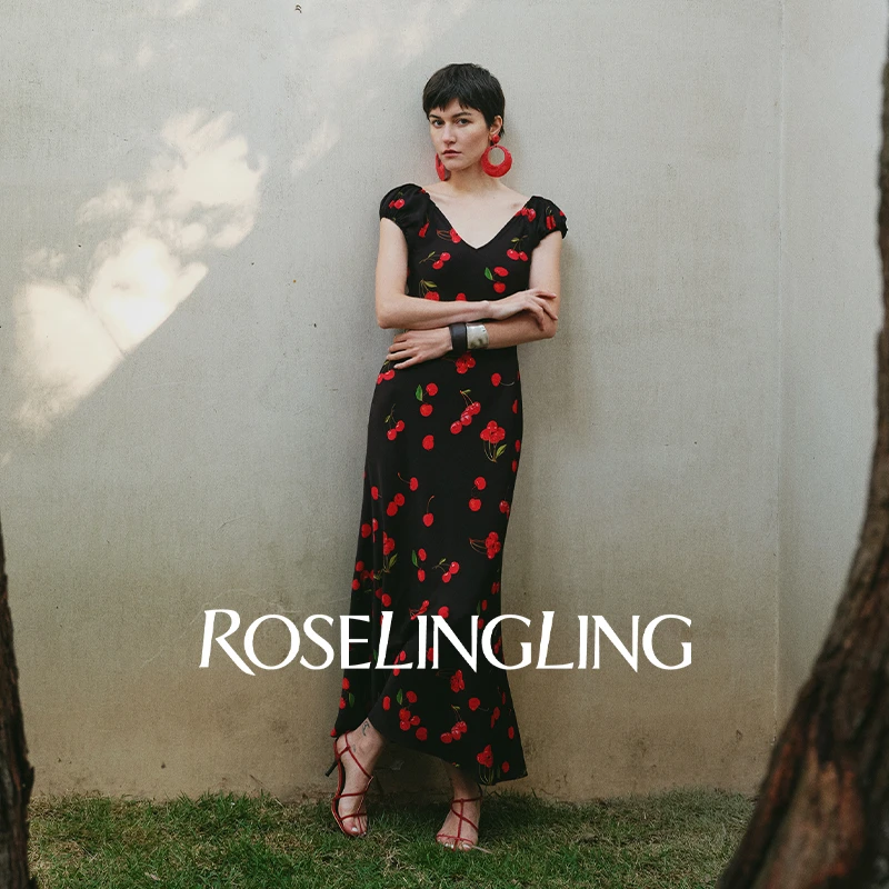 【可可专属】ROSELINGLING原创复古樱桃印花连衣裙一字肩V领醋酸裙