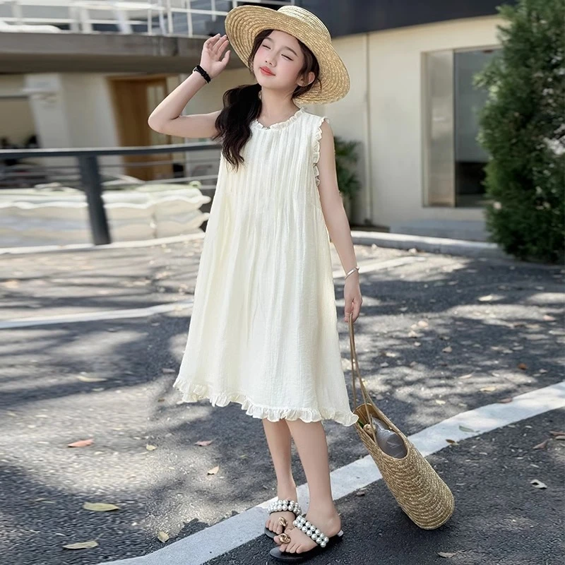 女中大童连衣裙夏装2025新款洋气公主风背心长裙女童夏季白色裙子