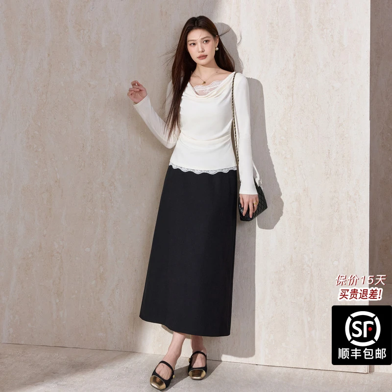 蓝语大码女装白色蕾丝拼接荡领打底衫假两件内搭修身长袖T恤上衣