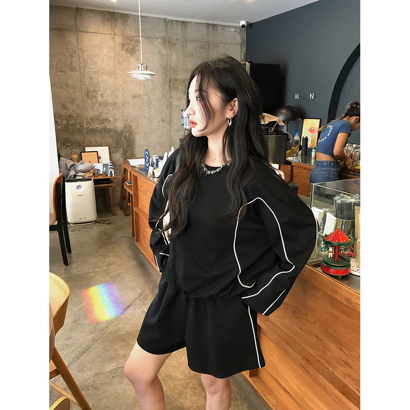 任小艺 2025春季新品 解构主义290g高密棉撞色出芽条宽松卫衣套装