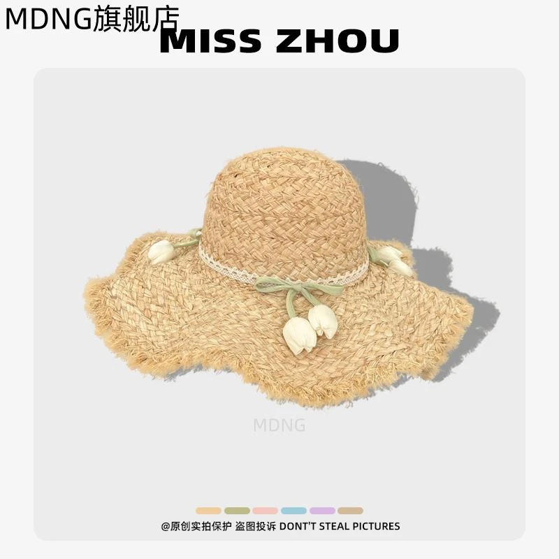 法式田园风拉菲草帽女夏季新款花朵编织度假海边大檐遮阳防晒帽潮