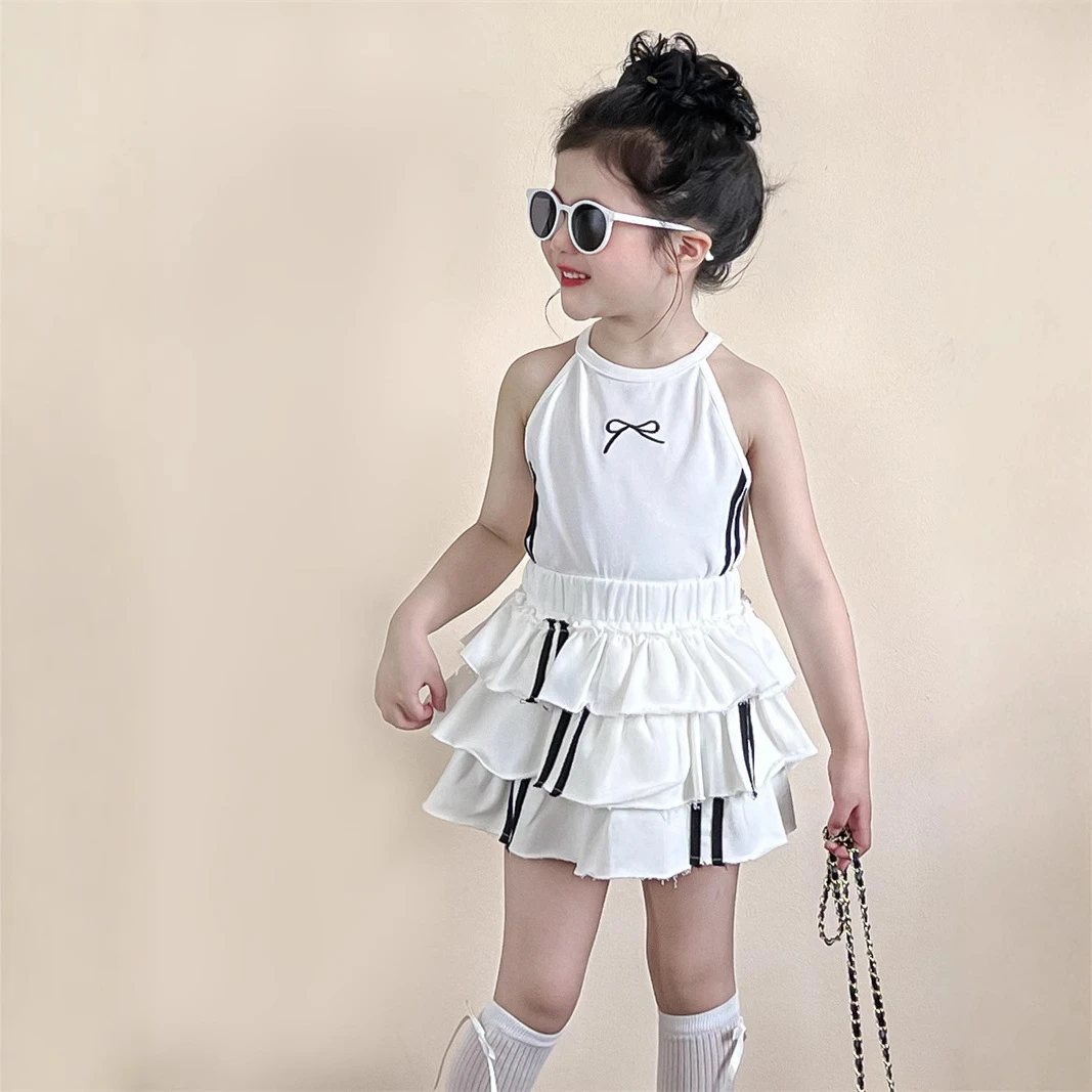 韩版女童辣妹套装2025夏季刺绣蝴蝶结白色挂脖拉条吊带半身裙套装