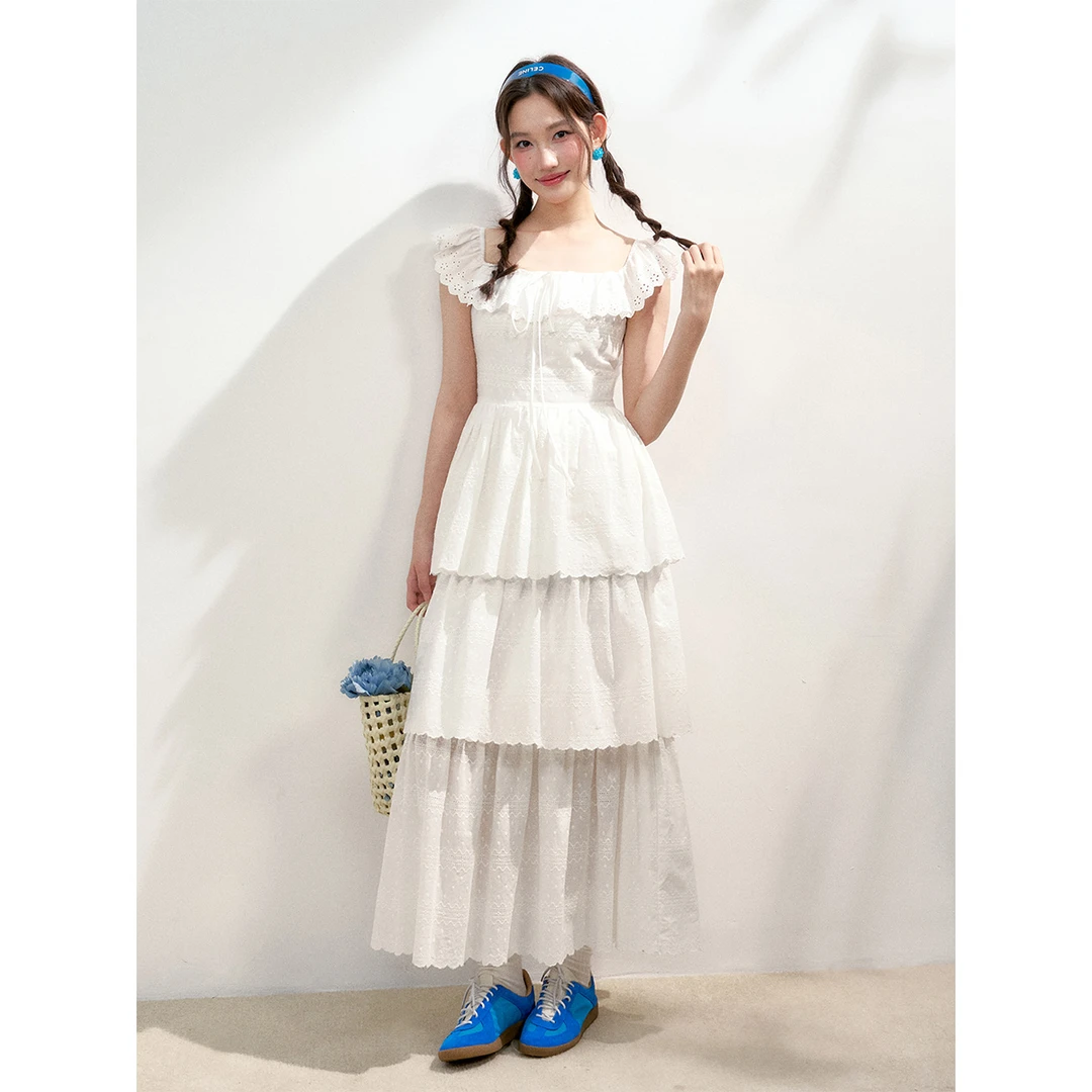 16DEWS 2025SS 浪漫刺绣 法式方领长款蛋糕裙