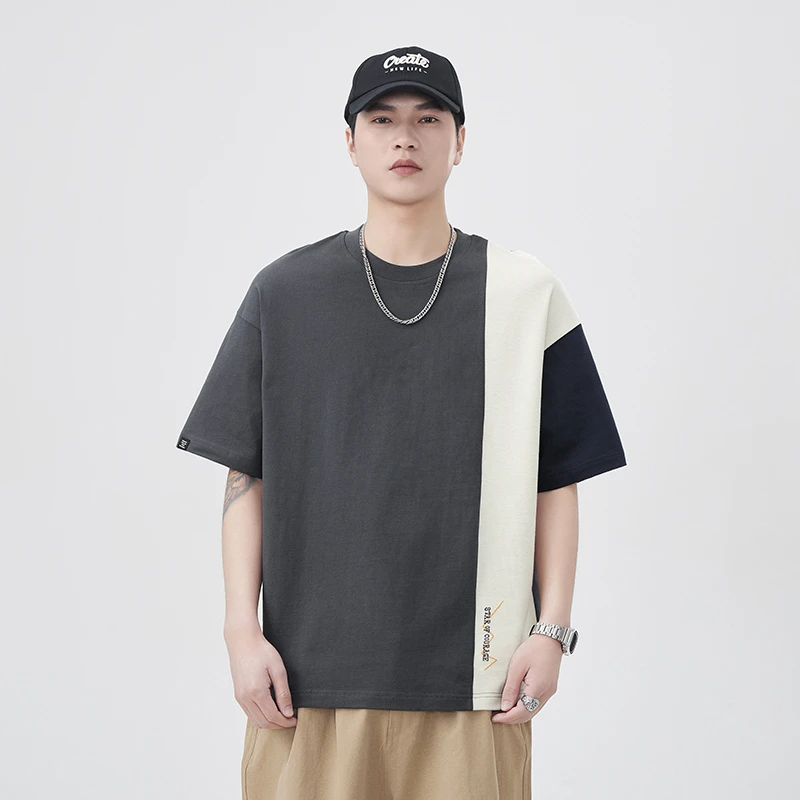 美式复古拼接色短袖撞色圆领百搭冰凉潮个性t恤水洗宽松男士高街