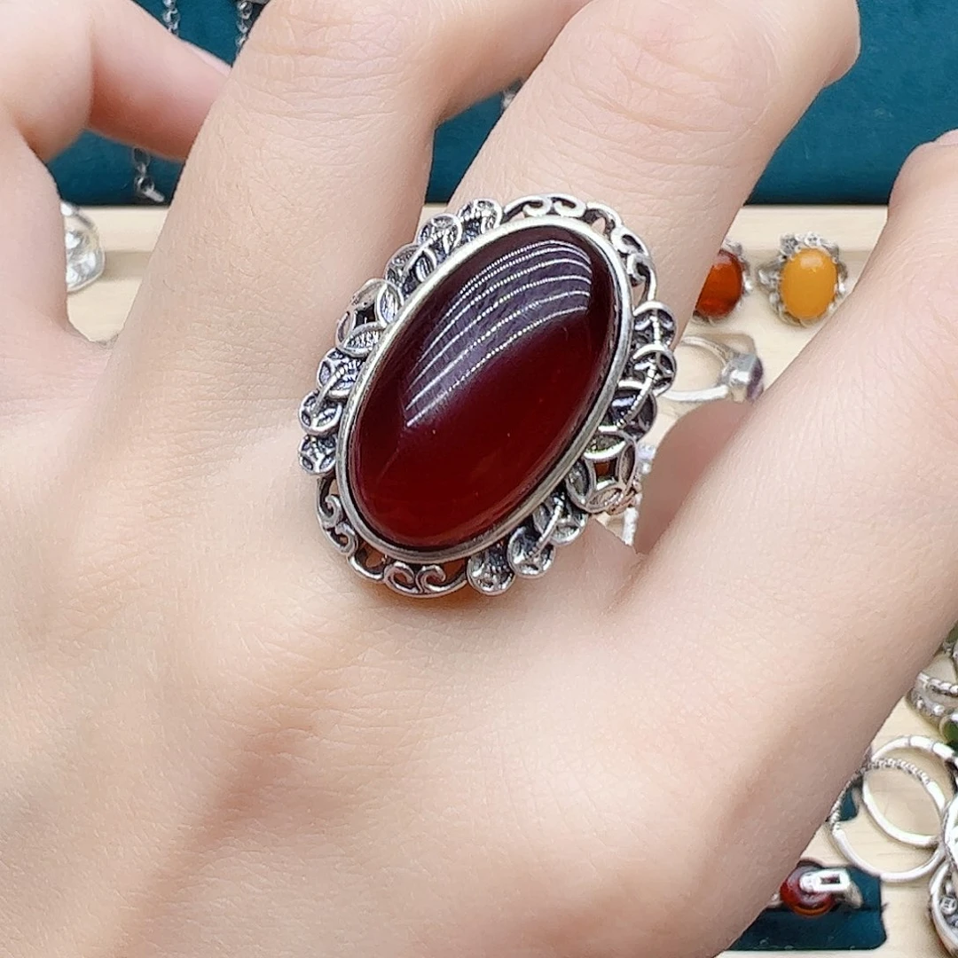 血珀戒指银S925镶嵌天然