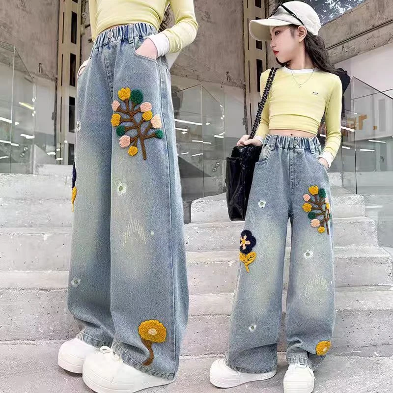 女童牛仔裤春秋学生新款春装大童网红毛巾绣直筒阔腿裤儿童裤子夏