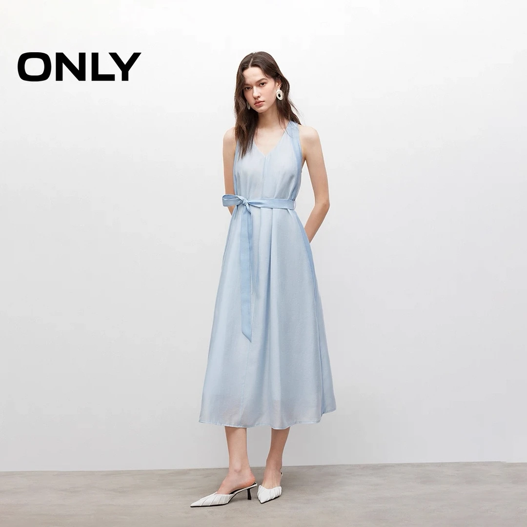 ONLY25秋季气质优雅挂脖V领收腰A字长连衣裙微风裙|125207062