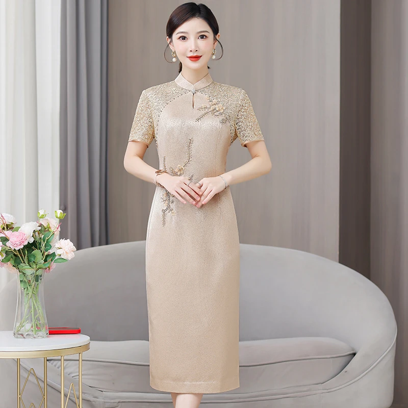 2025夏季新款高级感年轻妈妈礼服喜婆婆婚宴装高贵正式场合连衣裙