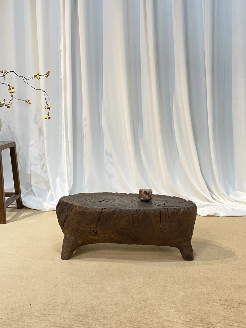 三山集木作-乌木侘寂风整木低桌 古朴双树心榻榻米桌 坐凳