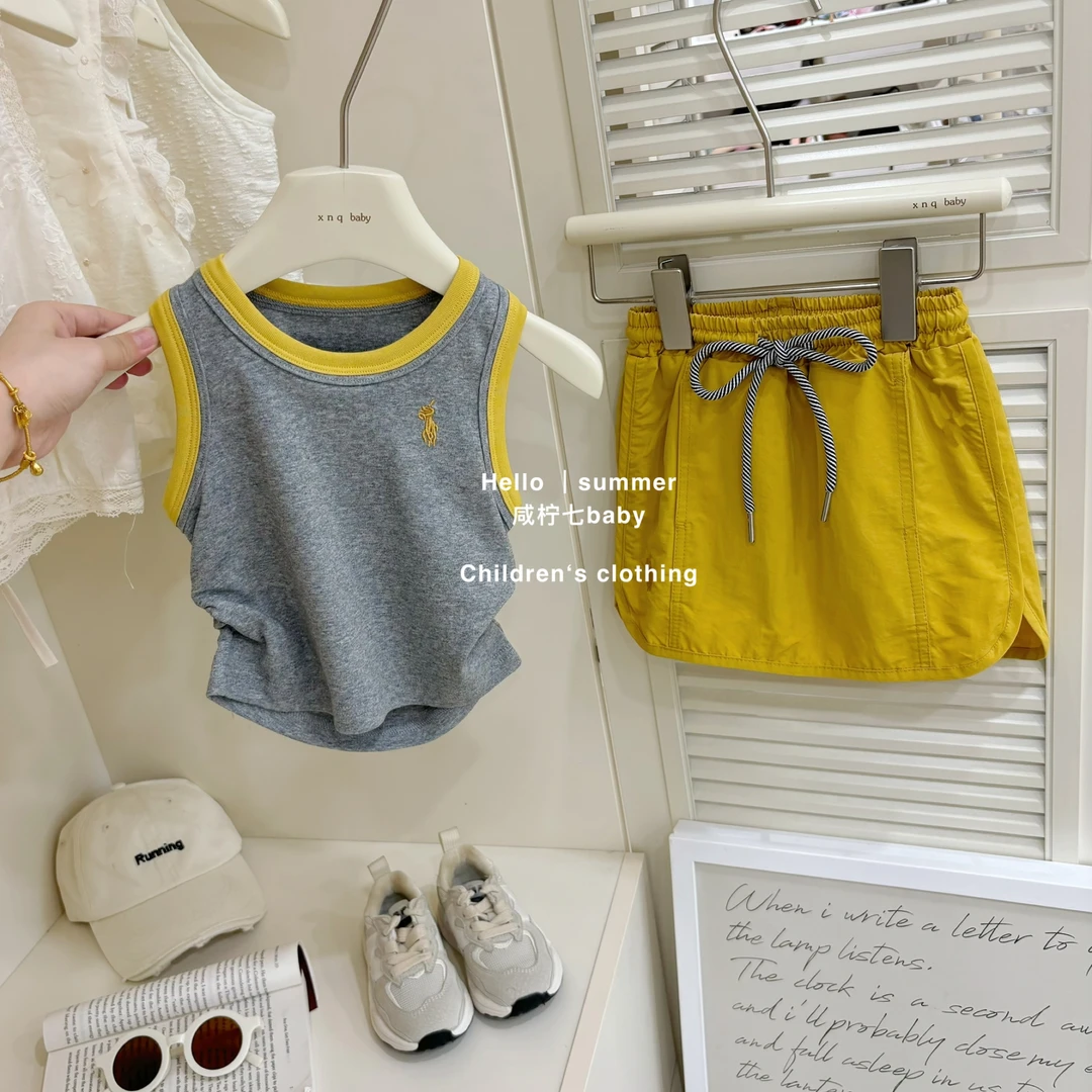 【咸柠七】女童夏款韩版背心套装宝宝无袖上衣儿童工装裙两件套