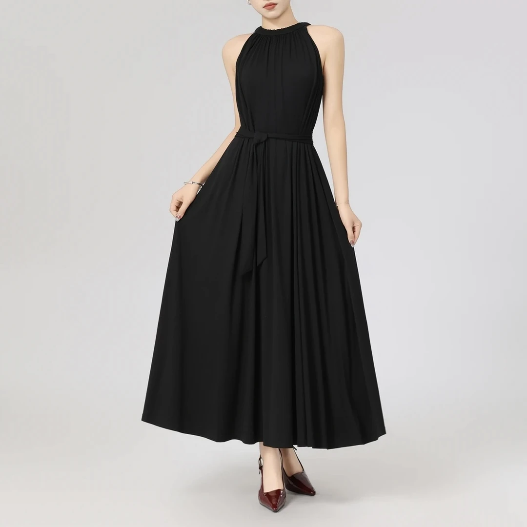 GIRDEAR哥弟春夏法式小黑裙度假风气质收腰显瘦系带连衣裙150010