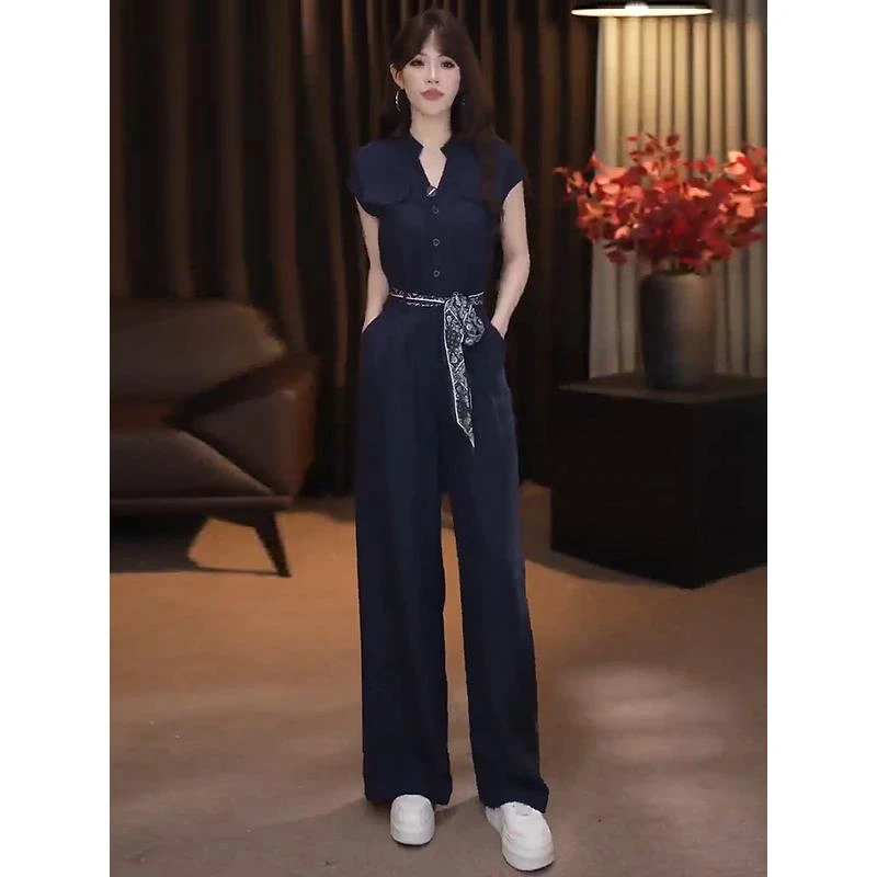 时尚气质连体裤女2025夏季新款收腰显瘦连衣裤减龄休闲阔腿裤套装